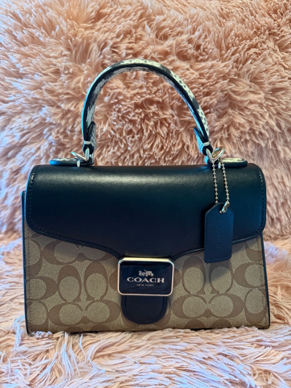 Coach Brown & Black Signature Top Handle Snakeskin Trim Satchel